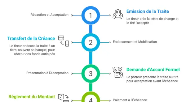 Schéma des étapes clés d'une lettre de change, expliquant la lcr définition : émission, endossement, demande d'accord formel et règlement.