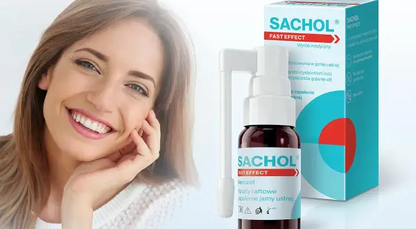 Uśmiechnięta kobieta obok sprayu na afty Sachol. Szybka ulga w bólu i zapaleniu jamy ustnej.