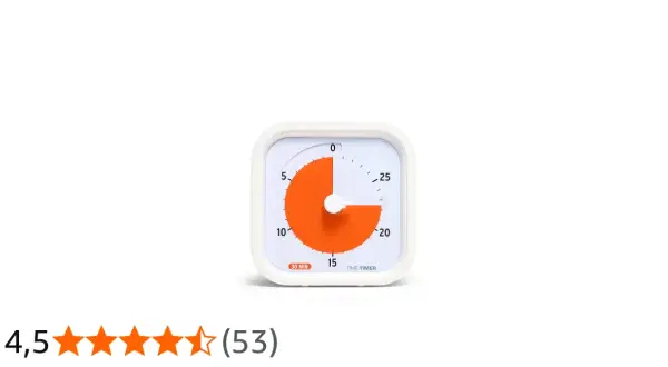 En vit, fyrkantig digital timer med en orange skiva som visar att 15 minuter har gått. Perfekt för att hålla koll på tiden.