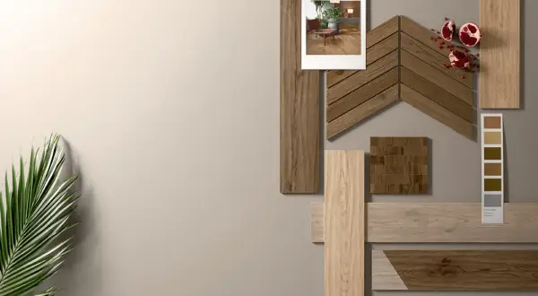 Moodboard con campioni di piastrelle effetto legno per creare schemi di posa terrazzo unici.