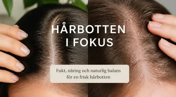Två närbilder av hårbotten, en med mörkt hår och en med ljusare hår. Texten "HÅR BOTTEN I FOKUS" och "Fukt, näring och naturlig balans för en frisk hårbotten" antyder vikten av att exfoliera hårbotten för en hälsosam hårväxt.