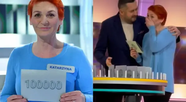 Kobieta z imieniem Katarzyna trzyma kartkę z napisem 100000, obok mężczyzna ją obejmuje.