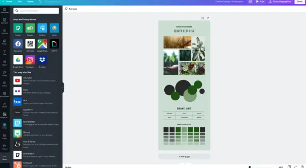 Interfejs aplikacji Canva na komputerze z widocznym panelem aplikacji i integracji, gdzie można znaleźć m.in. Pexels, Pixabay, Facebook, Instagram, Google Drive.