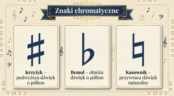 Krzyżyk, bemol i kasownik to znaki chromatyczne, które zmieniają wysokość dźwięku.