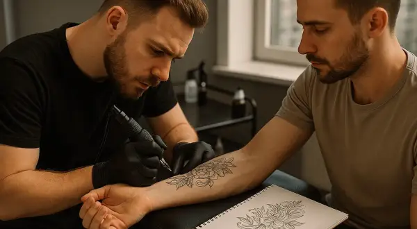 Tatuador creando un diseño de flor en el brazo de un cliente, con un boceto similar en un cuaderno.