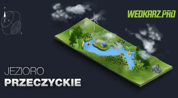 Jezioro Przeczyckie - idealne miejsce na wędkowanie. Widać tu domki, wiatrak, żaglówkę i chmury.