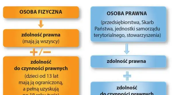 Schemat porównuje osobę fizyczną i prawne przykłady: przedsiębiorstwa, Skarb Państwa. Pokazuje ich zdolność prawną i do czynności prawnych.