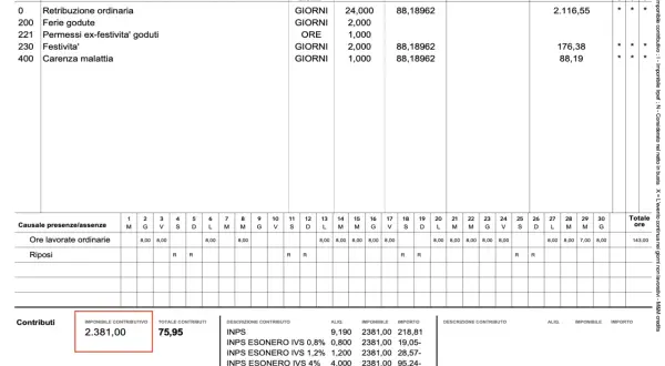 Dettaglio voci retributive e contributive, con il costo del personale evidenziato nei contributi INPS.