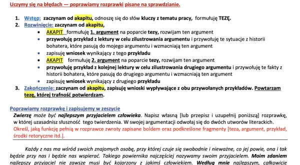 Fragment tekstu z instrukcjami pisania rozprawki, z wyróżnionymi słowami kluczowymi.