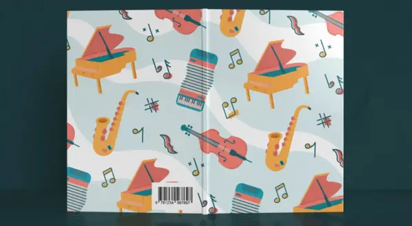 Patrón de instrumentos musicales y notas, ideal para ideas de portadas de música.