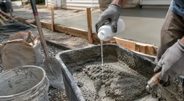Rękawiczki i kielnia mieszają beton. Powstaje podjazd, który będzie wyglądał jak terazzo.