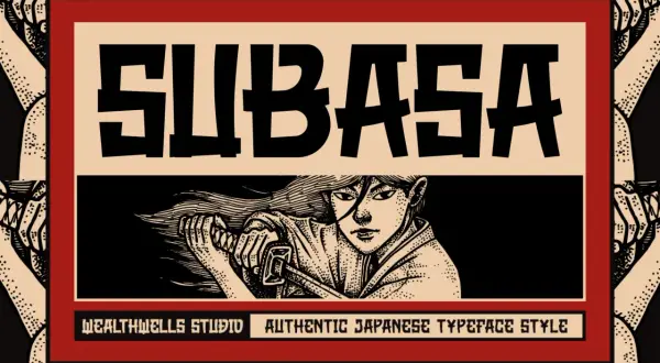 SUBASA" in a bold, japanese looking font above a warrior with a sword. Authentic Japanese typeface style.