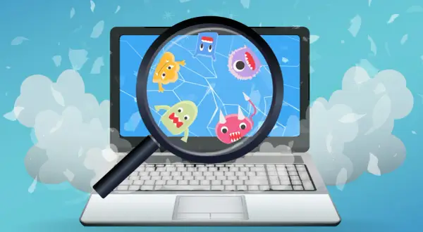 Laptop z kolorowymi potworkami na ekranie, powiększonymi przez lupę. Dowiedz się, jak usunąć wirusa z komputera i pozbyć się tych intruzów.