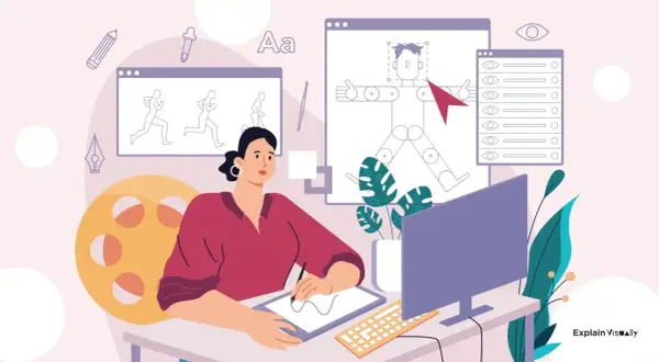 Animator tworzy postać, używając narzędzi do animacji, jak autocut, by ożywić szkice postaci w ruchu.