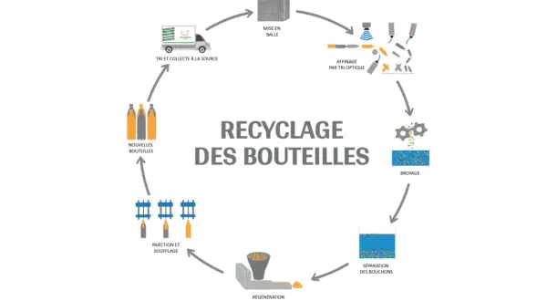 Schéma du recyclage des bouteilles en plastique : collecte, tri optique, broyage, régénération en granulés, injection/soufflage pour de nouvelles bouteilles.