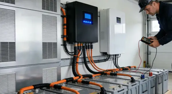 Instalacja magazynu energii 10kW. Technik sprawdza połączenia baterii z falownikiem. Sprawdź magazyn energii 10kw cena.
