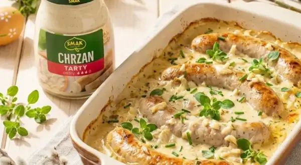 Biała kiełbasa w sosie chrzanowym, zapiekana w naczyniu, z dodatkiem ziół. Obok słoik sosu chrzanowego.