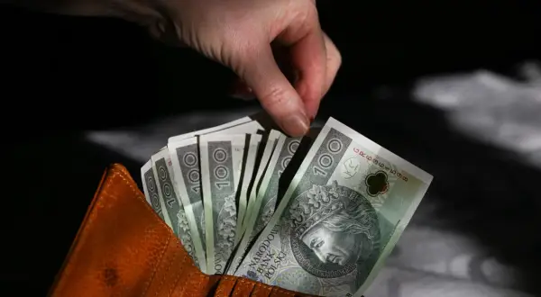 Dłoń wyciąga banknot 100 zł z brązowego portfela. Czy trzynasta i czternasta emerytura to pomysł PiS?
