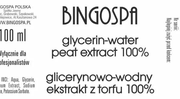 BINGOSPA 100 ml, glicerynowo-wodny ekstrakt z torfu 100%. Dla profesjonalistów.
