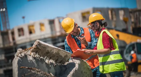 Operai con caschi gialli e giubbotti ad alta visibilità discutono la pianificazione progetto su un cantiere, esaminando documenti e smartphone.