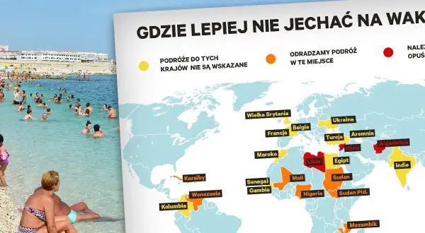 Mapa świata z zaznaczonymi krajami, gdzie lepiej nie jechać na ferie za granicę. W tle plaża z ludźmi.