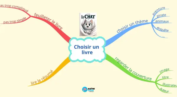 Carte mentale pour une bonne idée lecture : feuilleter, lire le résumé, regarder la couverture, choisir un thème (aventure, pirate, animaux, enquête).