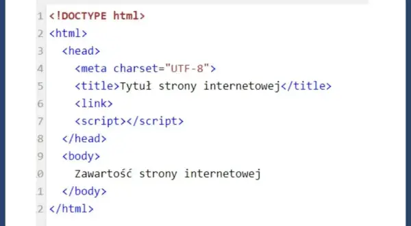 Podstawy, jak zrobić stronę HTML w notatniku: kod z nagłówkiem, tytułem i ciałem strony.