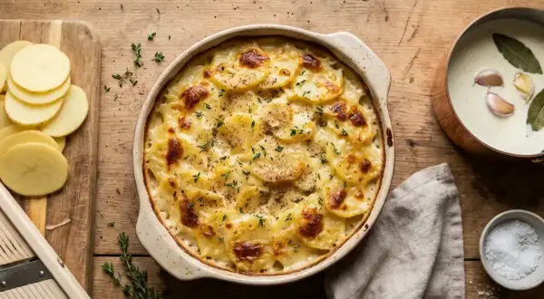 Un gratin dauphinois onctueux, prêt à être dégusté, comme le ferait Cyril Lignac. Des pommes de terre fines, dorées et gratinées.