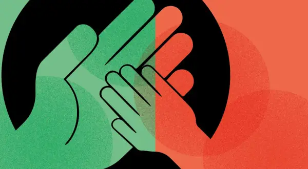 Zwei Hände, grün und rot, treffen sich in einem Kreis. Ein Symbol für positiven Frieden und Zusammenhalt.