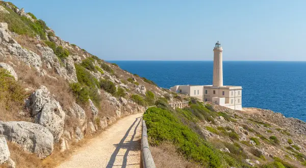 Sentiero roccioso con vegetazione mediterranea che porta a un faro bianco sul mare blu, tipico paesaggio del Salento città.