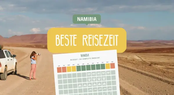 Eine Frau fotografiert die weite namibia landschaft. Eine Übersicht zeigt die beste Reisezeit für Namibia.