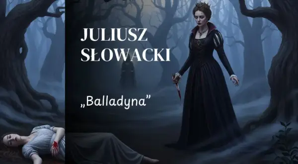 Balladyna, królowa z koroną i sztyletem, stoi nad martwą siostrą. Krótki opis tej tragedii.