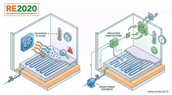 Illustration montrant les inconvénients du plancher rafraîchissant : condensation due à l'air chaud et humide, puis régulation du point de rosée.