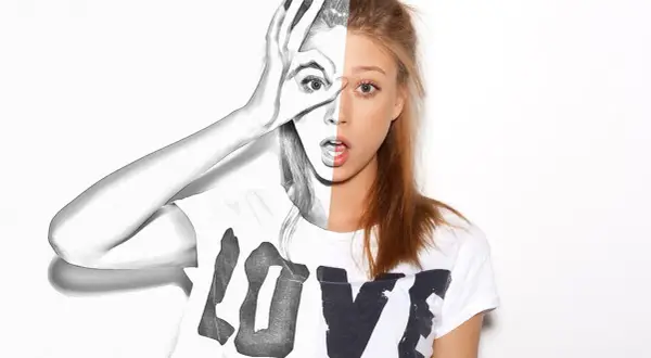 A woman's face is split down the middle, half realistic, half in a free photoshop sketching effect.