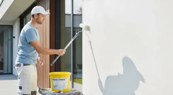 Mann streicht mit einer Fassadenrolle eine weiße Wand. Ein Eimer mit Farbe steht daneben.