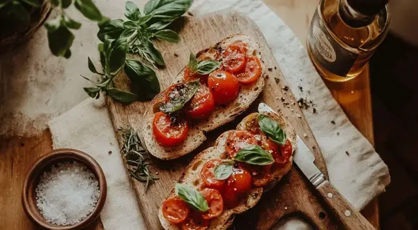 Två bitar bruschetta med mozzarella, färska tomater och basilika på en träskärbräda. En flaska olivolja och en skål med flingsalt syns bredvid.