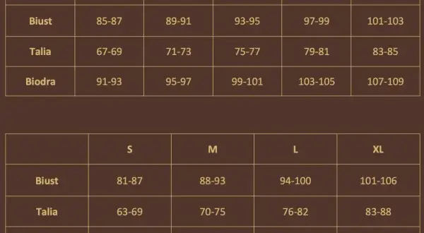 Tabela rozmiarów odzieży. Rozmiar 38 odpowiada biustowi 89-91 cm, talii 71-73 cm i biodrom 95-97 cm.