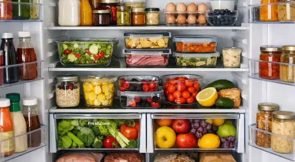 Lodówka pełna świeżych produktów: sałatka, owoce, warzywa w szufladzie FreshZone, jajka, nabiał i przetwory. Tak wygląda prawidłowe przechowywanie warzyw w lodówce.