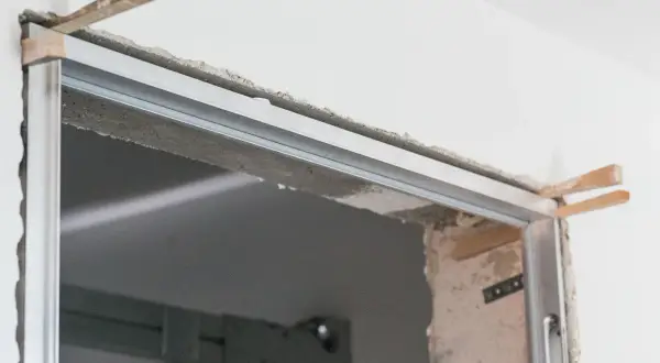 Montaż drzwi ukrytych w ścianie. Metalowa futryna i drewniane kliny podtrzymują konstrukcję.