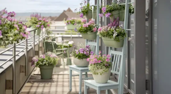 Balkon pełen kwitnących, różowych i fioletowych kwiatów w doniczkach.