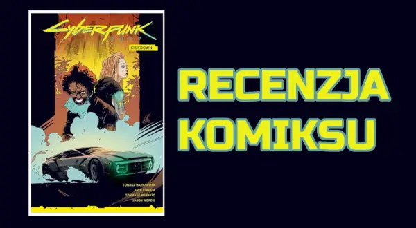 Mrok nad Tokyoramą w komiksie "Cyberpunk 2077: Kickdown". Dwie postacie i futurystyczny samochód na tle miasta.