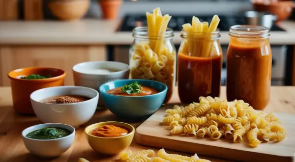 En härlig samling av olika pastasorter och såser, redo att bli en utsökt måltid. En perfekt pasta sorter-upplevelse.