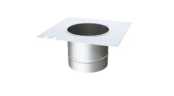 En fyrkantig plåt med ett runt hål i mitten, fäst vid ett runt rör. Kan användas som ett backspjäll för ventilation.