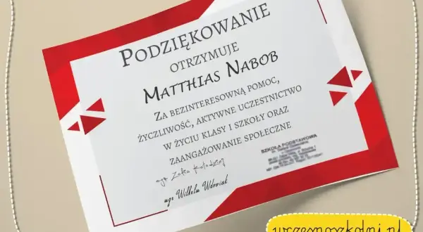 Dyplom z podziękowaniami dla nauczyciela dla Matthiasa Naboba za pomoc i zaangażowanie.