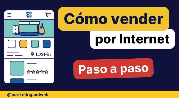 Ilustración de una app de ecommerce con el texto "Cómo vender por Internet paso a paso".