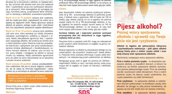 Dwa kolorowe drinki z parasolkami i owocami. Obok tekst: "Pijesz alkohol? Poznaj wzory spożywania alkoholu i sprawdź czy Twoje picie nie jest ryzykowne.