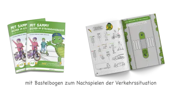 Bücher und Bastelbogen zur Verkehrserziehung im Kindergarten mit Schildern, Ampeln und Fahrzeugen.