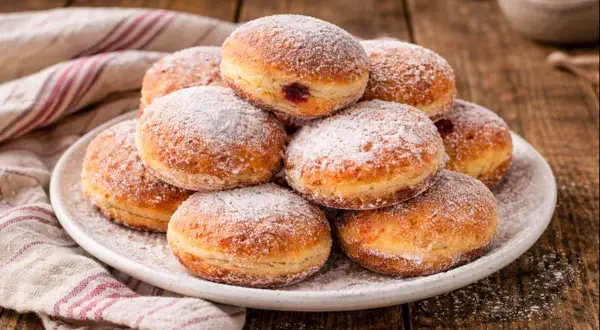 Ein Haufen frisch gebackener Berliner, bestäubt mit Puderzucker. Dieses berliner rezept ist ein Genuss für jeden Kaffeetisch.