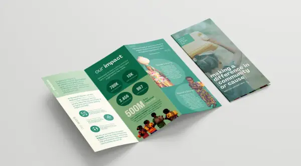 A trifold brochure design showcasing impact statistics, beneficiary stories, and organizational mission.