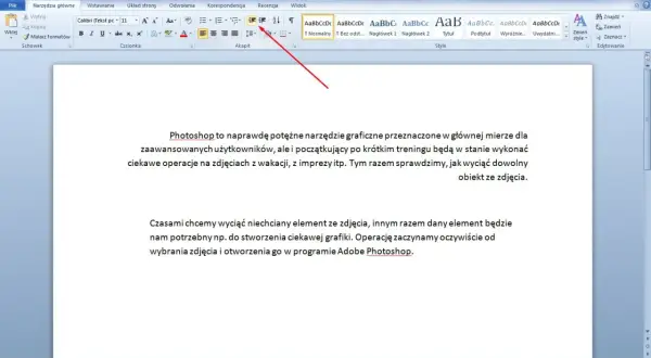 Zrzut ekranu z programu Microsoft Word, pokazujący pasek narzędzi z opcjami akapitu i fragment tekstu.